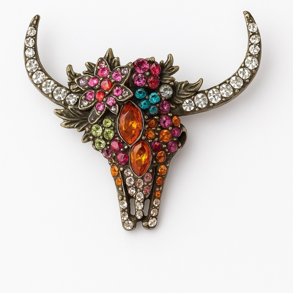 ⚜️❤️🔥 Western Longhorn Multicolor Brooch With Crystals 🤘💎 - Picture 1 of 8